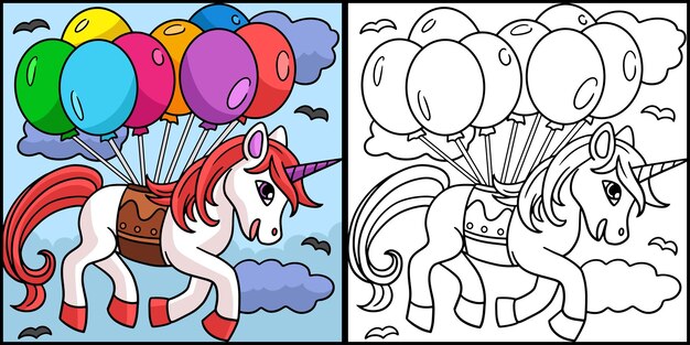 Unicornio flotando con la ilustración de globos