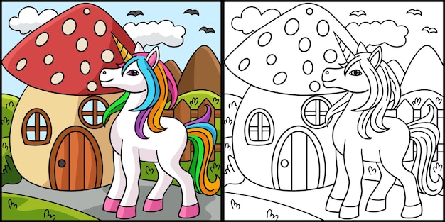 Unicornio frente a la ilustración coloreada de hongos