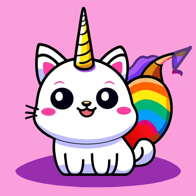 Vector unicornio de gato bonito dibujado a mano plano con estilo adhesivo de dibujos animados concepto de icono ilustración aislada