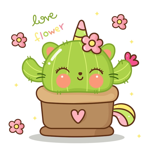 Unicornio gato catus con flor animal kawaii