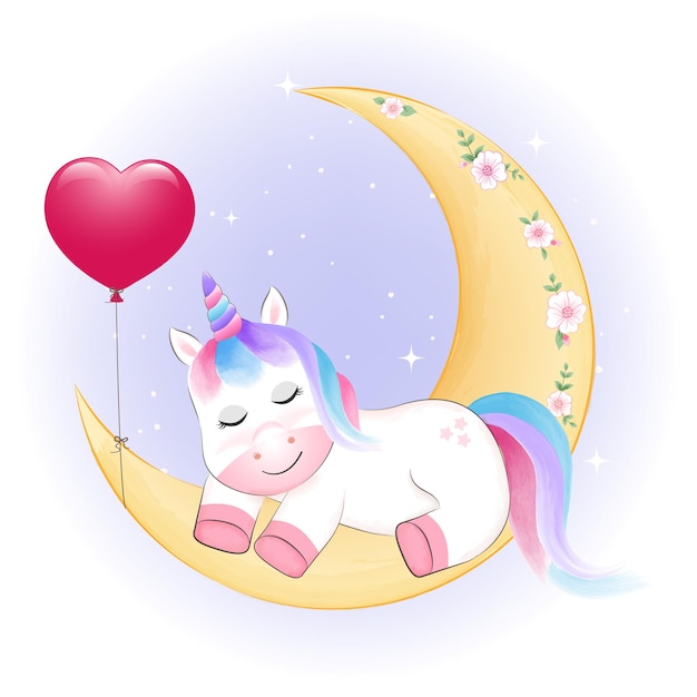 Unicornio y globo de corazón durmiendo en la luna.