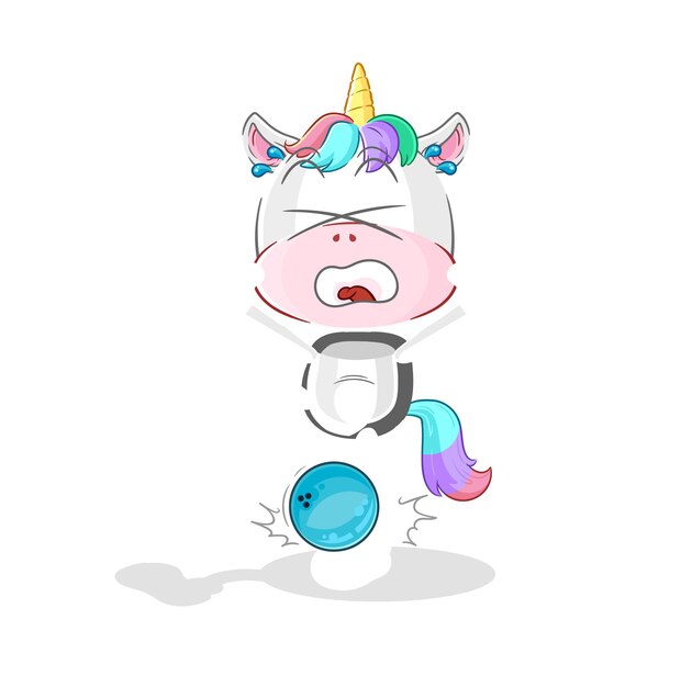 Unicornio golpeado por el vector de mascota de dibujos animados de dibujos animados de bolos