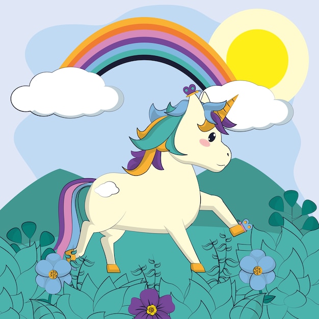 Unicornio hermoso en el paisaje con diseño gráfico del ejemplo del vector del arco iris