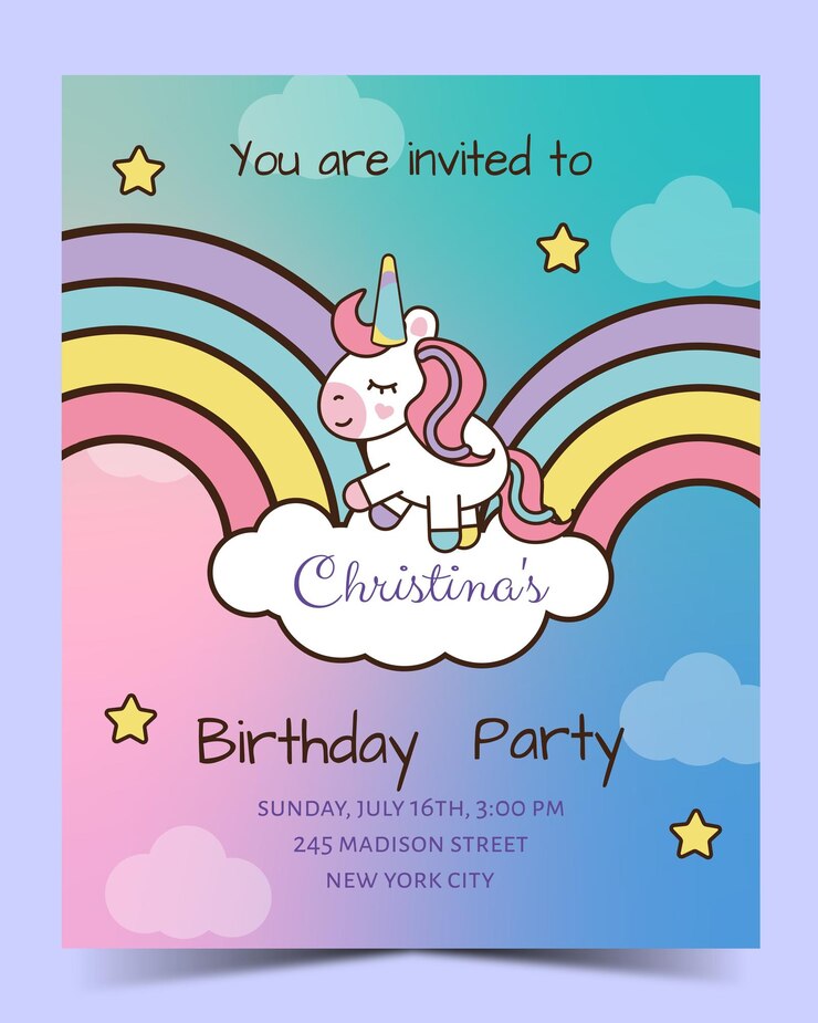 Vector unicornio con invitación de arco iris en vector