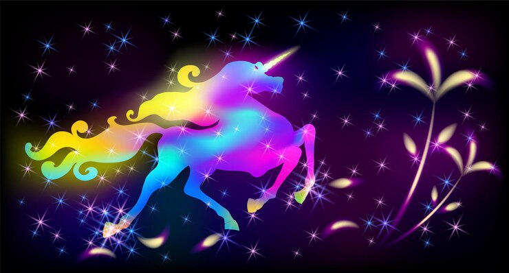 Vector un unicornio iridescente galopando con una lujosa melena sinuosa en un universo de fantasía con estrellas y flores