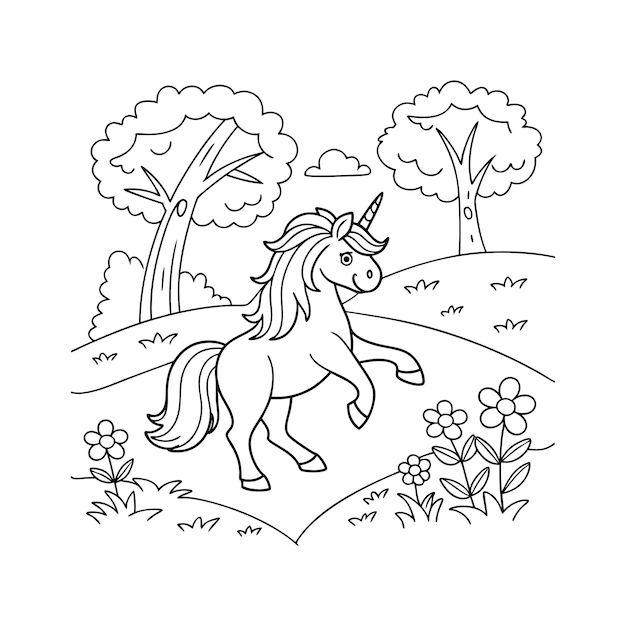 El unicornio en un jardín para colorear