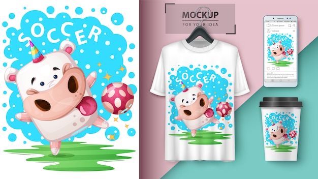Unicornio juega al póster de fútbol y merchandising.