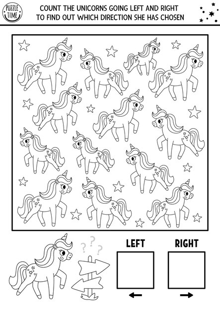 Unicornio juego de lógica en blanco y negro con concepto de derecha e izquierda para niños Línea I espía búsqueda actividad de conteo con lindo caballo cuento de hadas hoja de trabajo de orientación espacial imprimible colorear pagexA