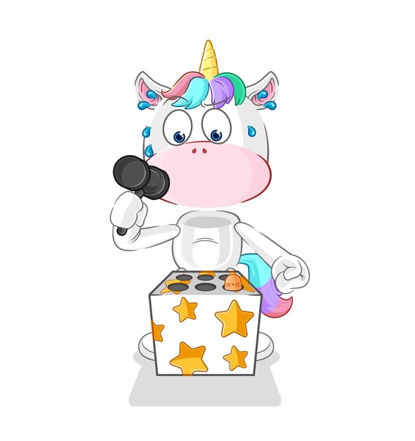 Unicornio jugar whack a mole mascota vector de dibujos animados