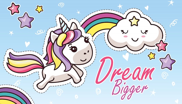 Unicornio de Kawaii en el arco iris lindo de la nube Sueño de letras más grande Etiqueta