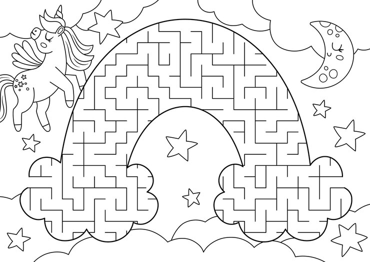 Vector unicornio laberinto geométrico en blanco y negro para niños línea de cuentos de hadas actividad preescolar imprimible en forma de arco iris puzzle de juego de laberinto mágico o de fantasía o página de colorear con estrellas nubes media lunaxa
