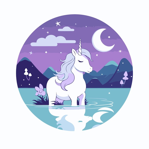 Vector unicornio en el lago ilustración vectorial en estilo plano