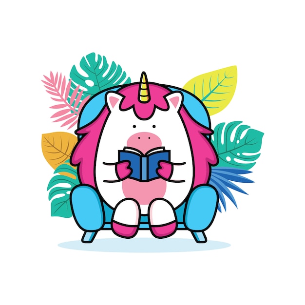 Unicornio leyendo un libro en el sofá