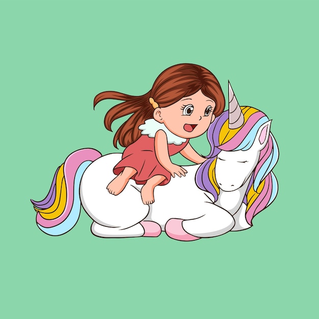 Vector unicornio y una linda chica de dibujos animados