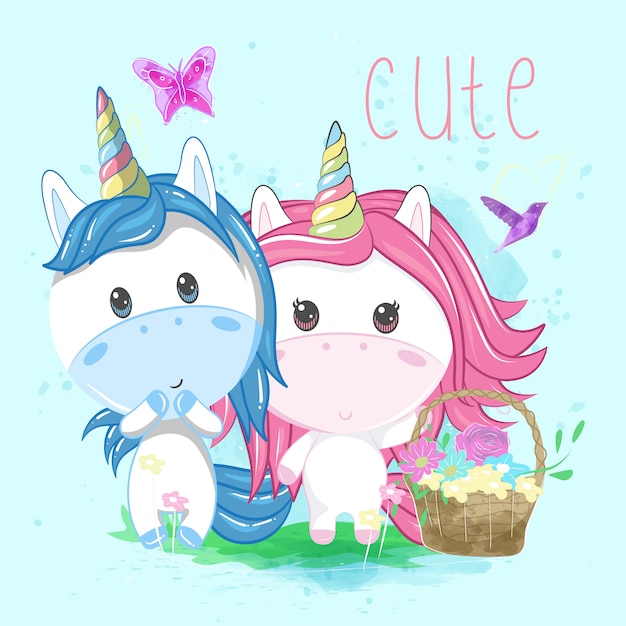 Unicornio linda pareja con fondo azul