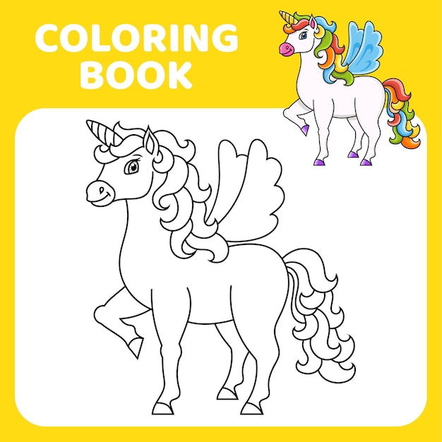 Unicornio lindo con alas Caballo de hadas mágico Página de libro para colorear para niños