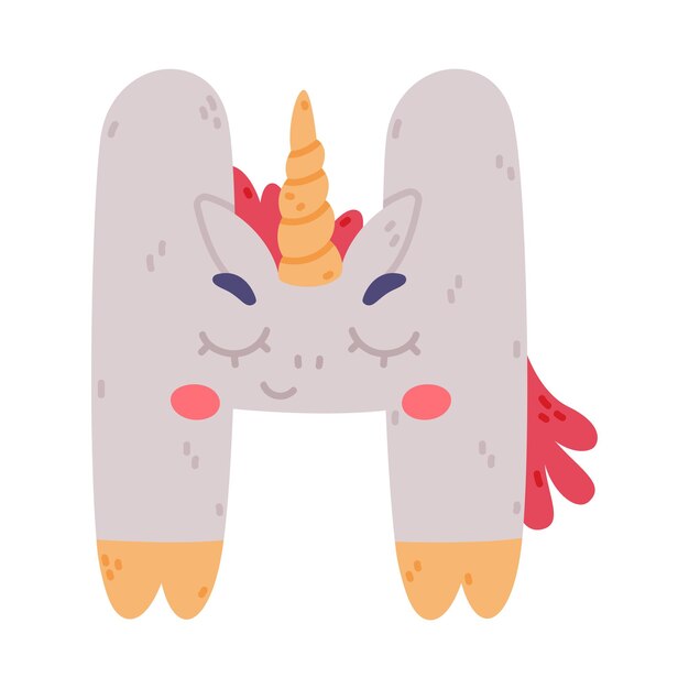 Unicornio Lindo alfabeto letra H con cara sonriente y cuerno retorcido Ilustración vectorial