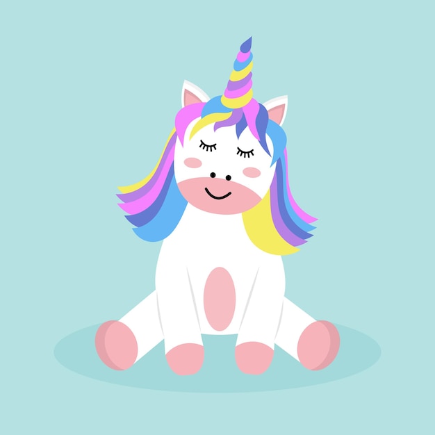 Unicornio lindo bebé sentado. Animal mítico de dibujos animados.