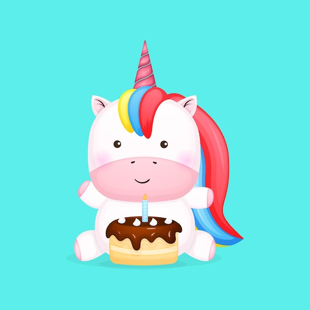 Unicornio lindo bebé sentarse con dibujos animados de pastel de cumpleaños