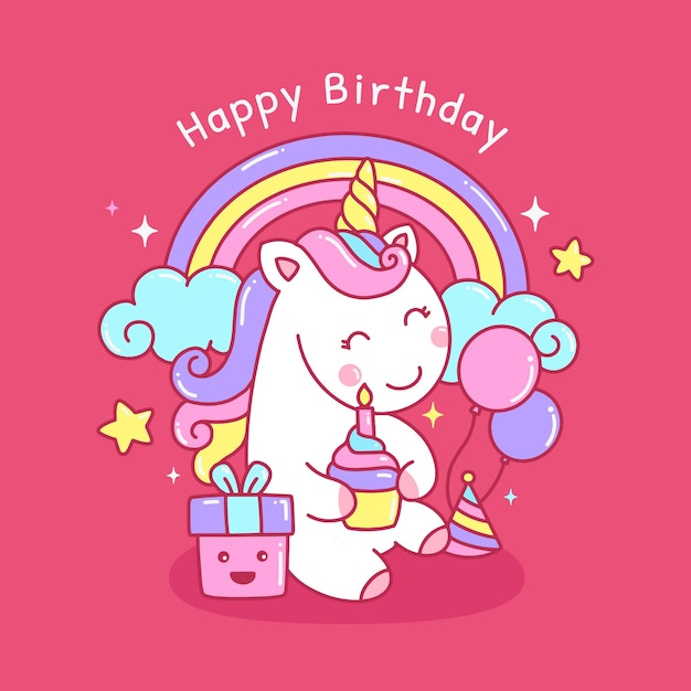 Unicornio lindo colorido del arco iris para la ilustración de la tarjeta de felicitación de cumpleaños