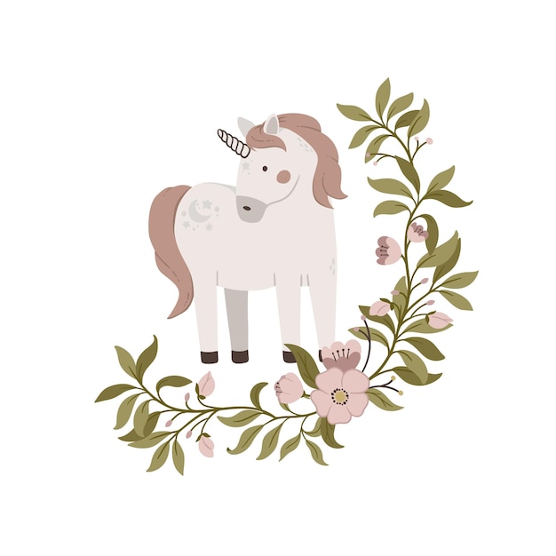 Unicornio lindo dibujado a mano con marco de flores sobre fondo blanco Ilustración de vector de caballo mágico