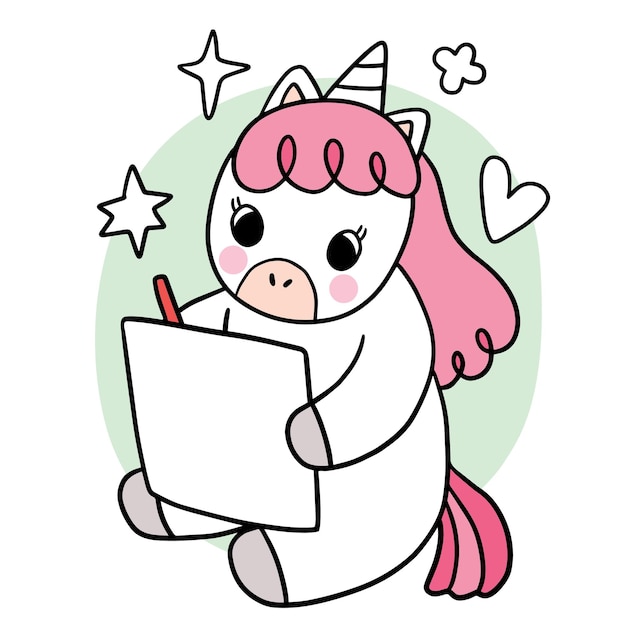 Unicornio lindo de dibujos animados escribiendo en vector de papel