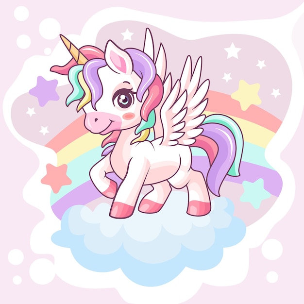 Unicornio lindo de dibujos animados posando en nubes aisladas sobre fondo de arco iris