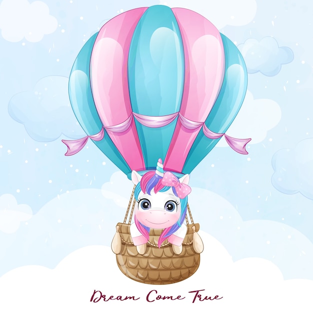 Unicornio lindo doodle volando con ilustración de globo de aire
