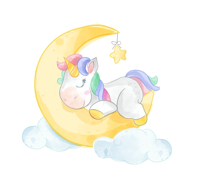 Unicornio lindo durmiendo en la ilustración de la luna