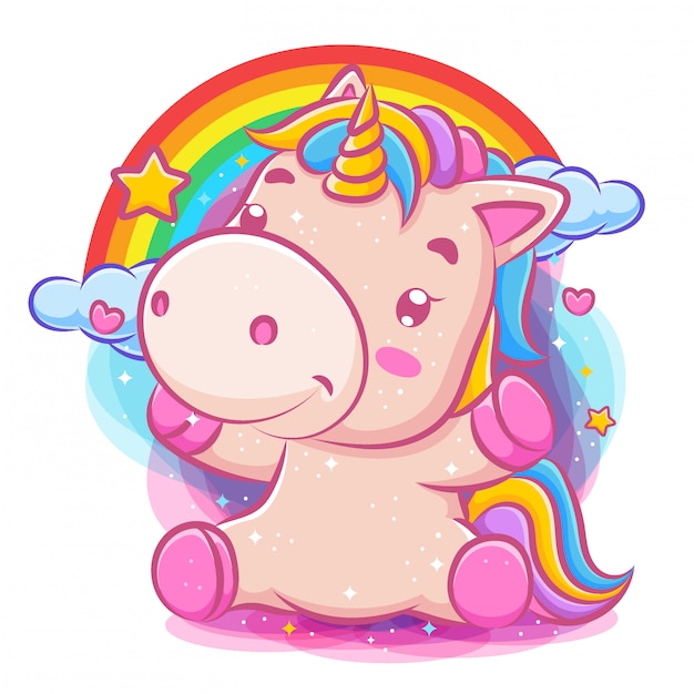 Unicornio lindo encantador se sienta con el fondo del arco iris
