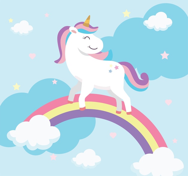 Vector unicornio lindo feliz en arco iris y nube