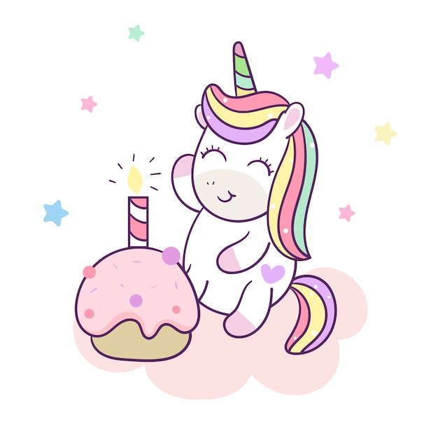 Vector unicornio lindo feliz cumpleaños pastel de vector