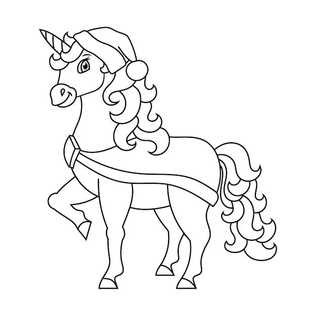 Unicornio lindo Hada mágica caballo Página de libro para colorear para niños Tema de Navidad Estilo de dibujos animados Ilustración vectorial aislado sobre fondo blanco
