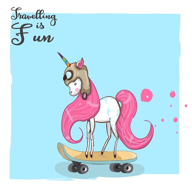 Unicornio lindo de la historieta en un monopatín a mano.