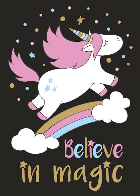 Unicornio lindo mágico en estilo de dibujos animados con letras de mano cree en la magia. doodle unicornio volando sobre un arco iris y nubes