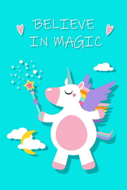 Unicornio lindo mágico plantilla para fiesta de cumpleaños tarjeta de invitación baby shower niños imprime carteles decoración texto believe in magic eps