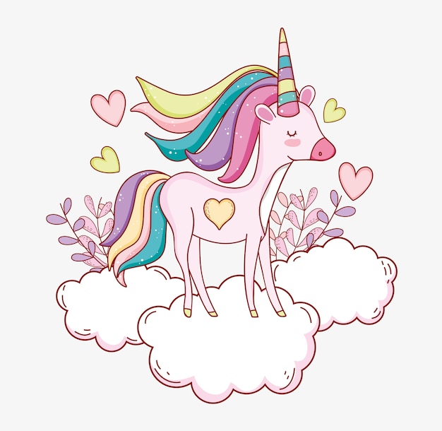 Unicornio lindo en la nube con corazones y plantas