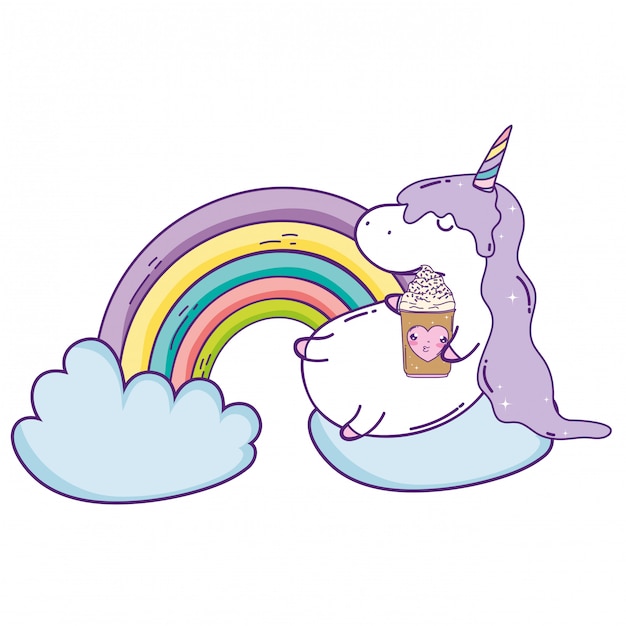 Unicornio lindo con nubes y arco iris kawaii