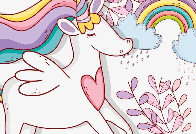 Vector unicornio lindo con nubes y plantas del arco iris