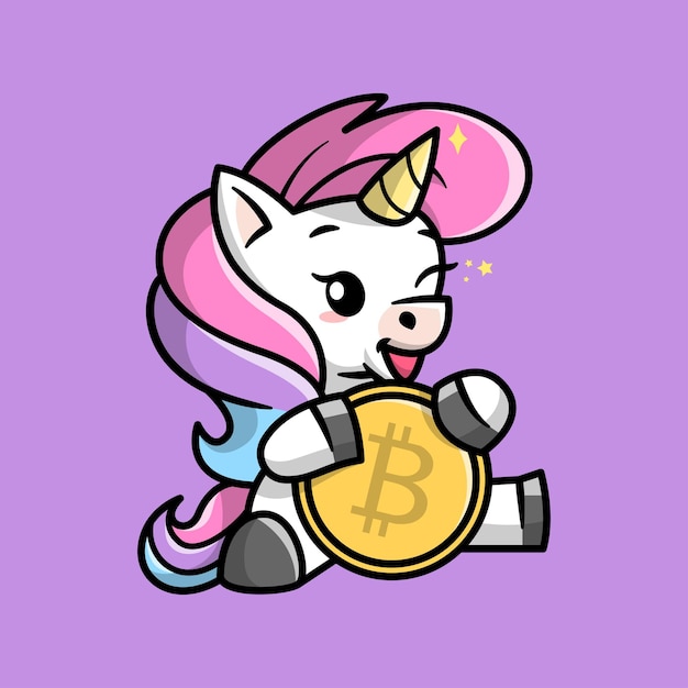 UN UNICORNIO LINDO SOSTIENE UN BITCOIN GRANDE Y UNA ILUSTRACIÓN DE DIBUJOS ANIMADOS SONRIENTES