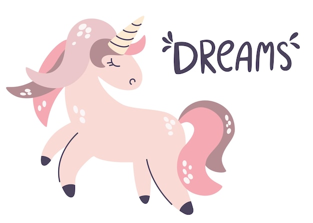 Unicornio lindo. Sueños de inscripción. Pony animal mágico, color pastel. Dibujar a mano imágenes prediseñadas para la habitación de los niños, tarjetas de felicitación, camisetas y ropa para niños y niños. Ilustración de dibujos animados de vector