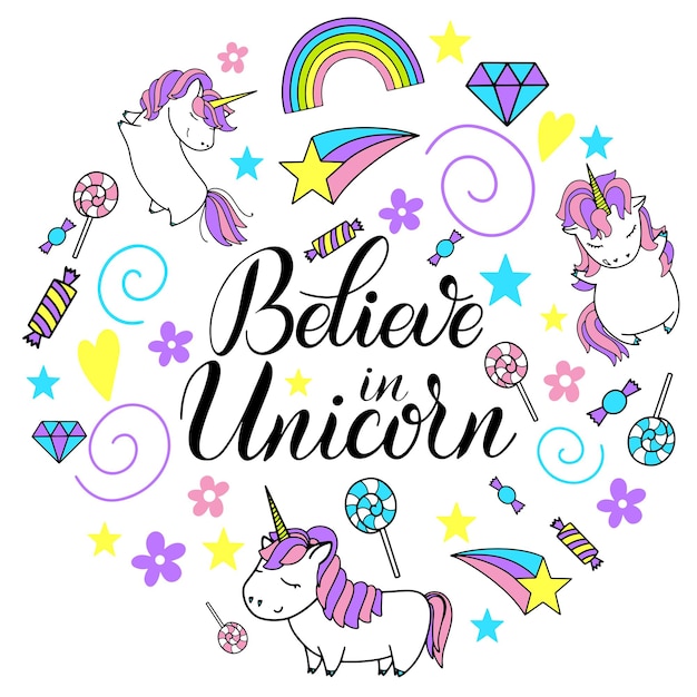 Unicornio lindo vector letras e ilustración. Cree en los unicornios. Diseño de tarjetas, carteles y camisetas.