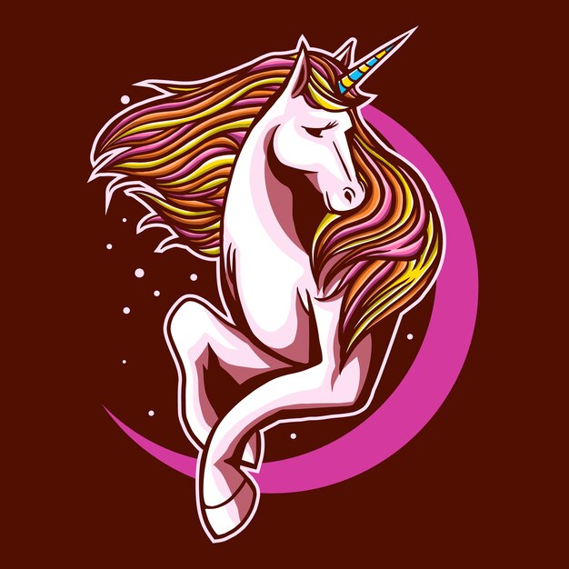 Unicornio con luna aislado en rojo