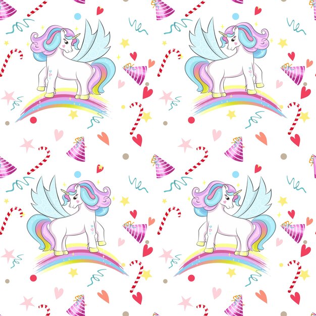 Un unicornio mágico en un arco iris rodeado de decoración navideña patrón sin costuras para tela o papel tapiz