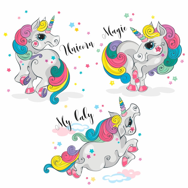 Vector unicornio mágico. conjunto. pony de hadas