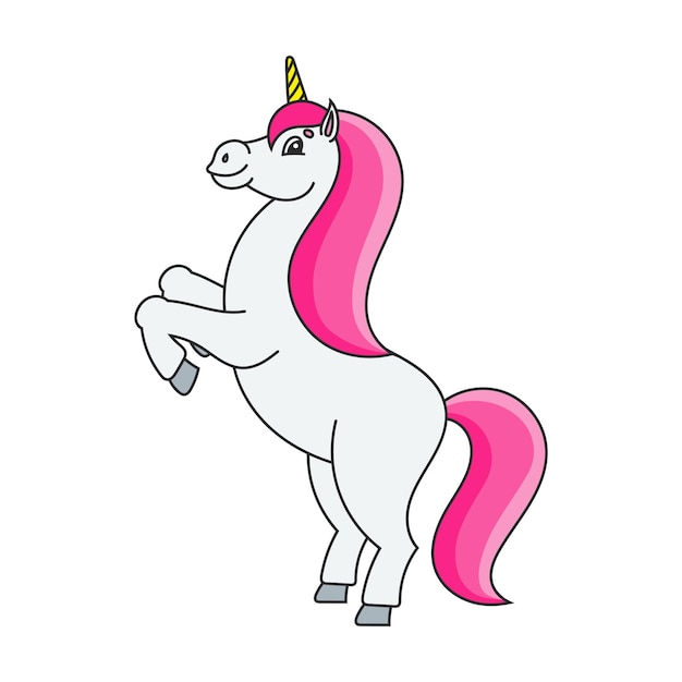 El unicornio mágico se levantó el caballo animal se para sobre sus patas traseras estilo de dibujos animados ilustración de vector plano simple