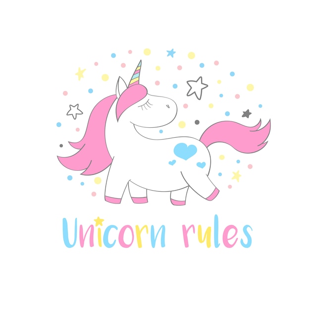 Unicornio mágico lindo en estilo de dibujos animados con letras de mano: reglas de unicornio.