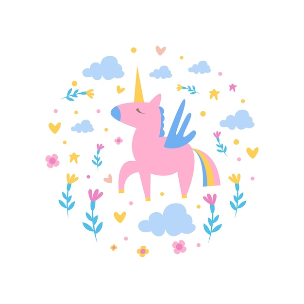 Unicornio mágico con nubes y flores de forma redonda Lindo cartel infantil de saludos o tarjetas de invitación Impresión para el diseño de camisetas Elemento Ilustración vectorial