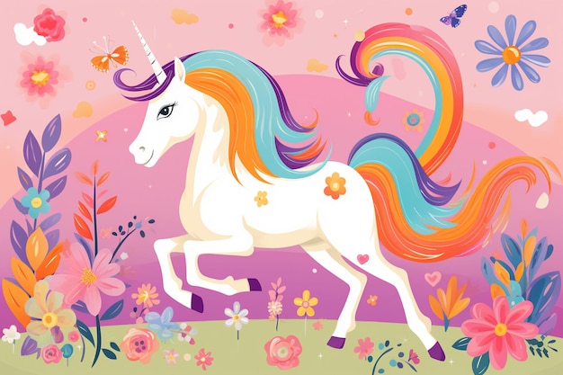 Un unicornio con una melena arco iris corriendo a través de un campo de flores