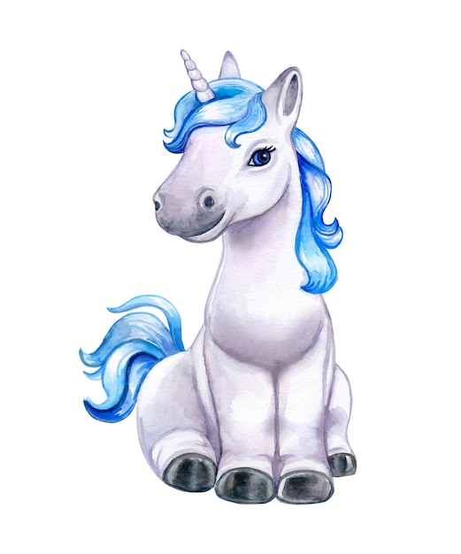 Unicornio con una melena azul aislado en un fondo blanco Acuarela